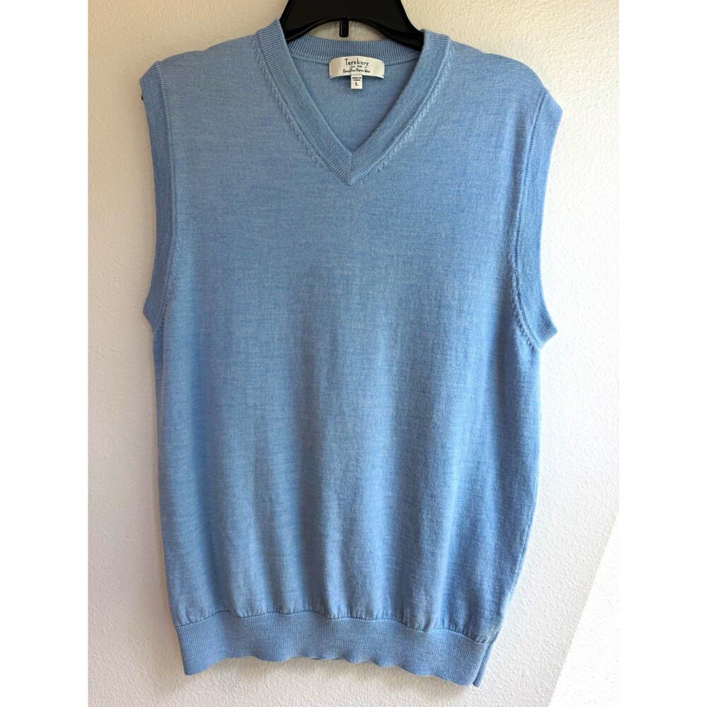 Turnbury Men’s L Blue Merino Wool Knit V-Neck Sleeveless Sweater read below/hole